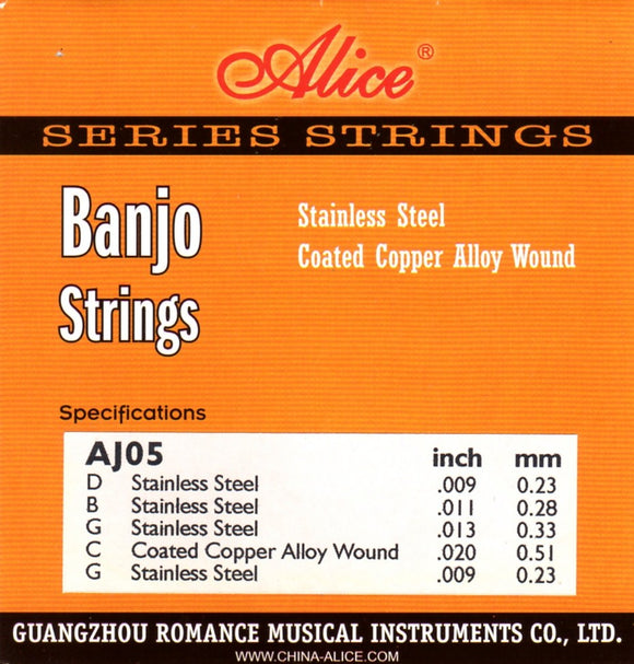 Alice AJ05, 5-String Banjo Strings Set, 09 11 13 20w 09, Round Core, Coated Copper Wound, Loop