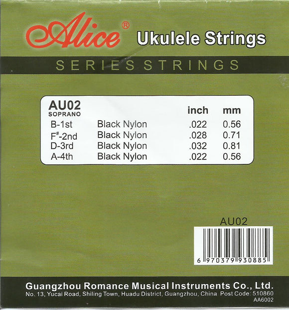 Alice AU02, 2 PCs Single Ukulele Strings , Soprano, Black Nylon, B  F#  D  A